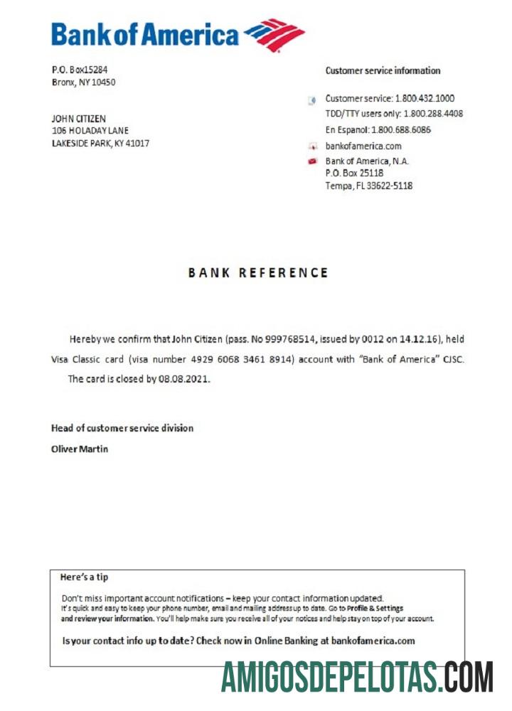 Referência de fechamento do USA Bank Of America exemplo